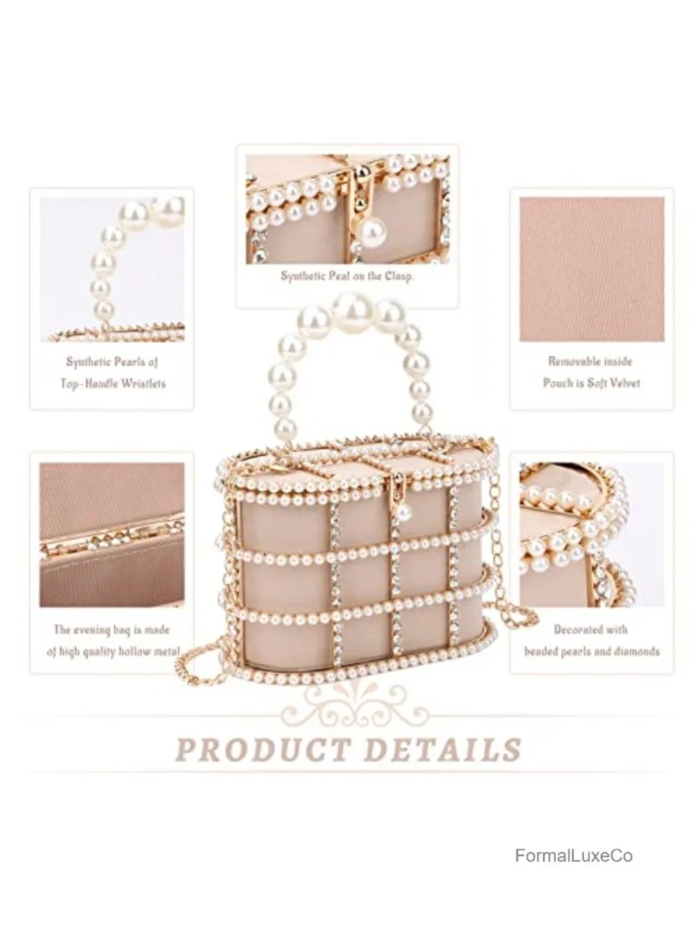 Metal Crystal Bucket Evening Clutch Pearls Wristlet Wedding Prom Party Purse